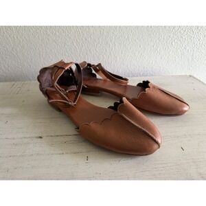 Bali ELF Handmade Leather Sandals Sz 7 Tan Brown Almond Scalloped Ankle Strap